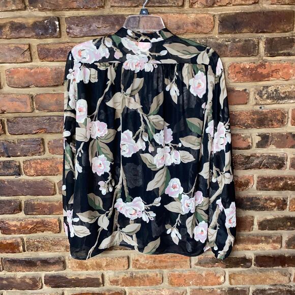 Rhoda Lee Vintage 70s Black Floral Button Down Sheer Long Sleeve Top Size 14 - Picture 5 of 5